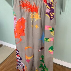 Boho Multicolor Celestial Print flowing pants SMALL 13.5” elastic waist Linen bl